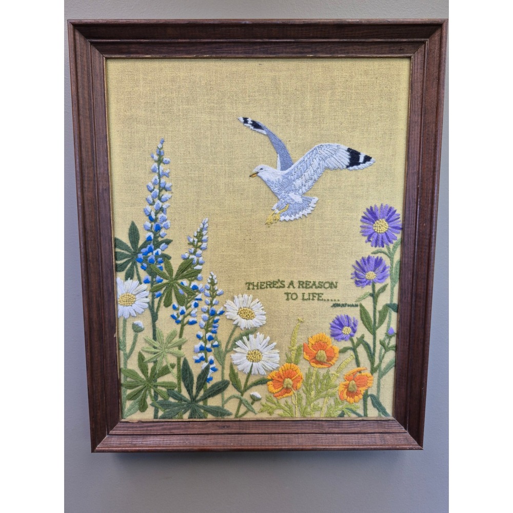 Vintage Crewel Embroidery Framed Art Seagull Wildflowers Jonathan Livingston 70s